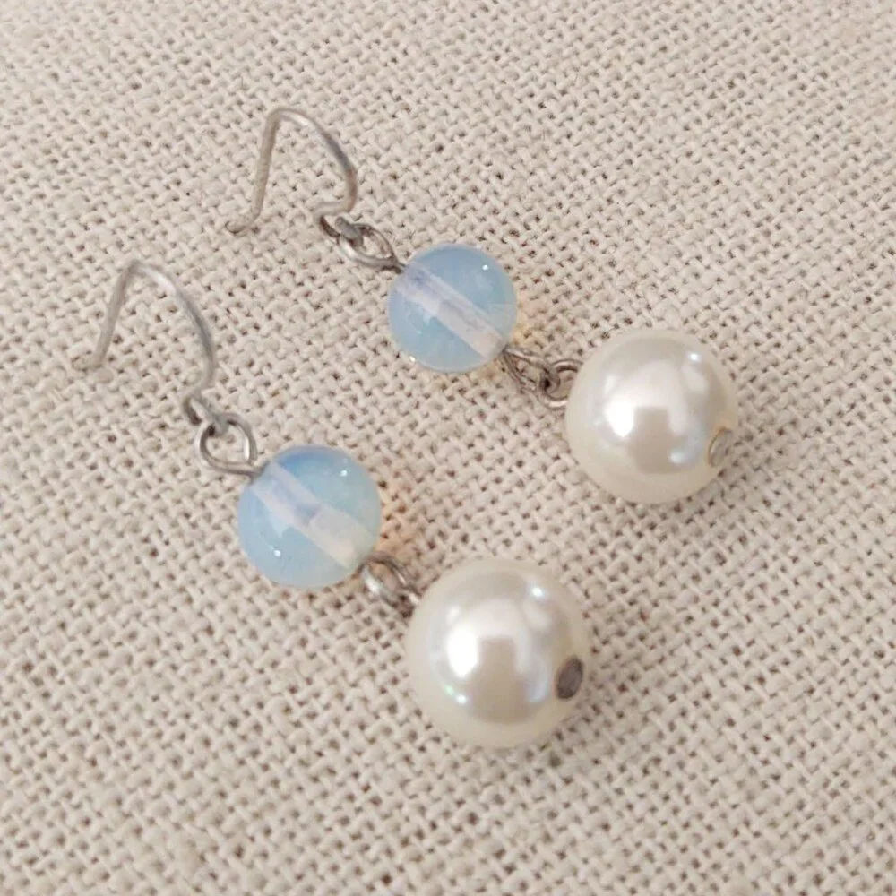 Faux pearl and pale blue drop earrings